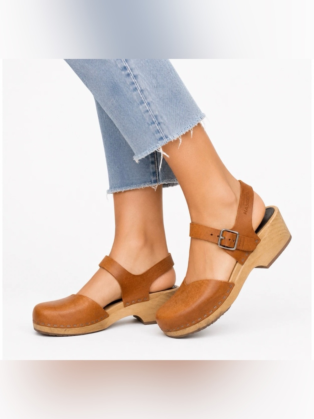Swedish Hasbeens Tan Leather Ankle Strap Wooden Clogs EU 40 US 9.5 10 Sweden